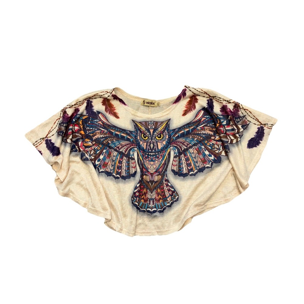 Wayan Natural Wear Crop‎ Shirt Women Juniors OS Owl Poncho Aztec Tribal Boho